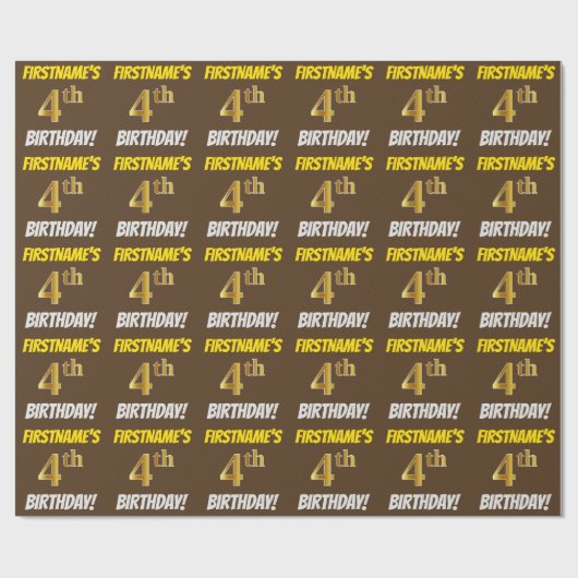ブラウン/フェイク模造金ゴールド、「4th BIRTHDAY」 ラッピングペーパー (フラット)