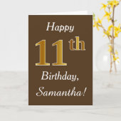 ブラウン、フェイク金ゴールド11誕生日+名前をカスタムする カード (黄色い花)