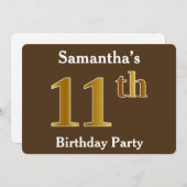 ブラウン、フェイク金ゴールド11th誕生日パーティー;名前をカスタムする 招待状 (正面/裏面)