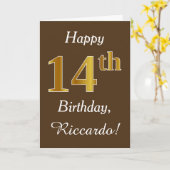 ブラウン、フェイク金ゴールド14誕生日+名前をカスタムする カード (黄色い花)