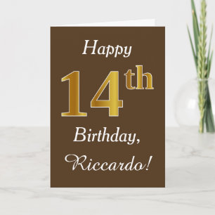 ブラウン、フェイク金ゴールド14誕生日+名前をカスタムする カード