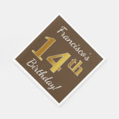 ブラウン、フェイク金ゴールド14誕生日+名前をカスタムする スタンダードランチョンナプキン (角)