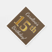ブラウン、フェイク金ゴールド15誕生日+名前をカスタムする スタンダードランチョンナプキン (角)