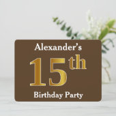 ブラウン、フェイク金ゴールド15th誕生日パーティー；名前をカスタムする 招待状 (スタンド正面)