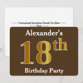 ブラウン、フェイク金ゴールド18th誕生日パーティー；名前をカスタムする 招待状 (正面/裏面)
