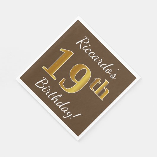 ブラウン、フェイク金ゴールド19誕生日+名前をカスタムする スタンダードランチョンナプキン (角)