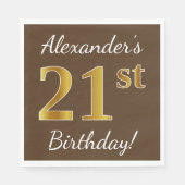 ブラウン、フェイク金ゴールド21歳の誕生日+名前をカスタムする スタンダードランチョンナプキン (正面)
