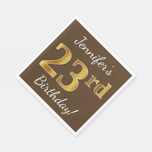 ブラウン、フェイク金ゴールド23番目の誕生日+名前をカスタムする スタンダードランチョンナプキン (角)