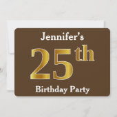 ブラウン、フェイク金ゴールド25th誕生日パーティー;名前をカスタムする 招待状 (正面)
