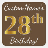 ブラウン、フェイク金ゴールド28誕生日+名前をカスタムする スクエアシール (正面)