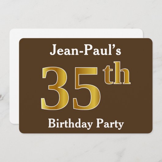 ブラウン、フェイク金ゴールド35th誕生日パーティー;名前をカスタムする 招待状 (正面/裏面)