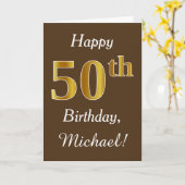 ブラウン、フェイク金ゴールド50誕生日+名前をカスタムする カード (黄色い花)