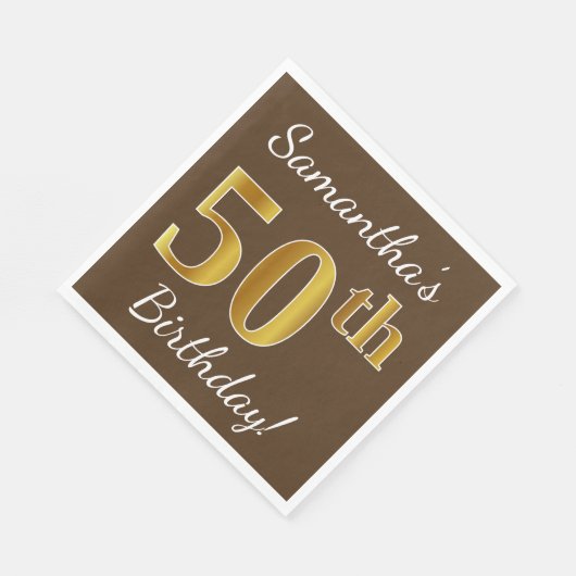 ブラウン、フェイク金ゴールド50誕生日+名前をカスタムする スタンダードランチョンナプキン (角)