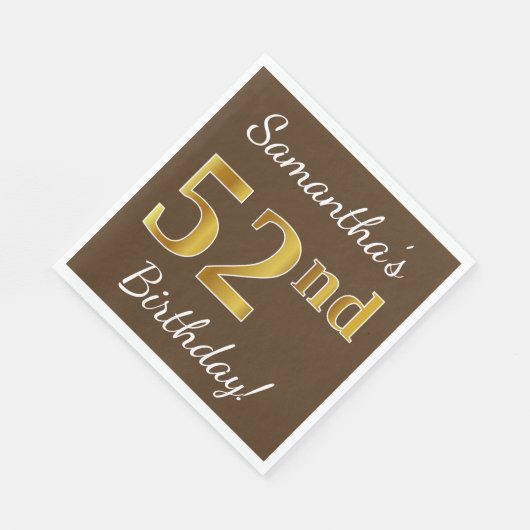ブラウン、フェイク金ゴールド52番目の誕生日+名前をカスタムする スタンダードランチョンナプキン (角)