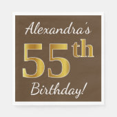 ブラウン、フェイク金ゴールド55誕生日+名前をカスタムする スタンダードランチョンナプキン (正面)