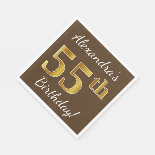 ブラウン、フェイク金ゴールド55誕生日+名前をカスタムする スタンダードランチョンナプキン (角)