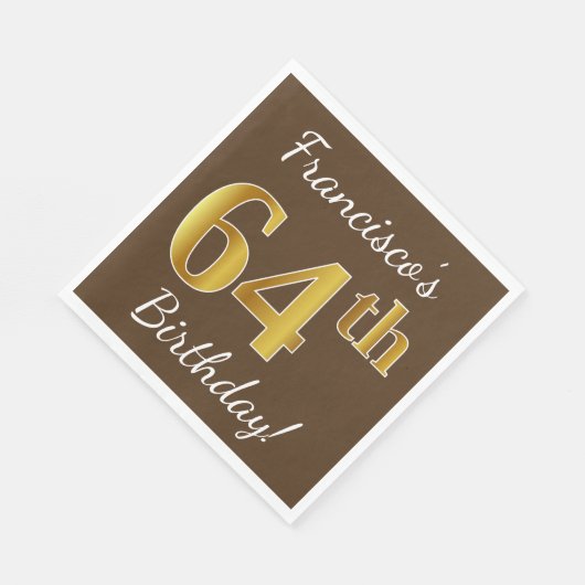ブラウン、フェイク金ゴールド64番目の誕生日+名前をカスタムする スタンダードランチョンナプキン (角)