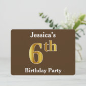 ブラウン、フェイク金ゴールド6th誕生日パーティー；名前をカスタムする 招待状 (スタンド正面)