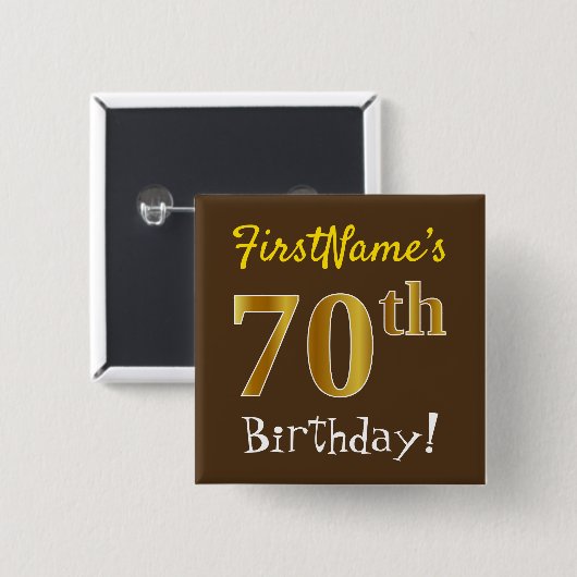 ブラウン、フェイク金ゴールド70th誕生日、名前をカスタムする付き 缶バッジ (正面&裏面)