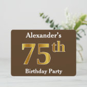 ブラウン、フェイク金ゴールド75th誕生日パーティー;名前をカスタムする 招待状 (スタンド正面)