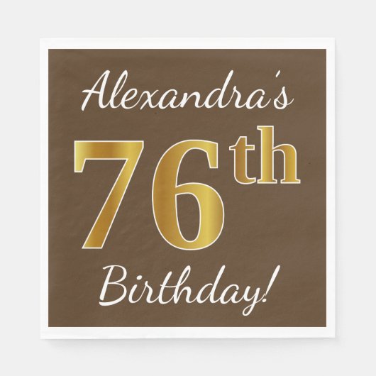 ブラウン、フェイク金ゴールド76番目の誕生日+名前をカスタムする スタンダードランチョンナプキン (正面)