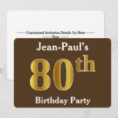 ブラウン、フェイク金ゴールド80th誕生日パーティー；名前をカスタムする 招待状 (正面/裏面)