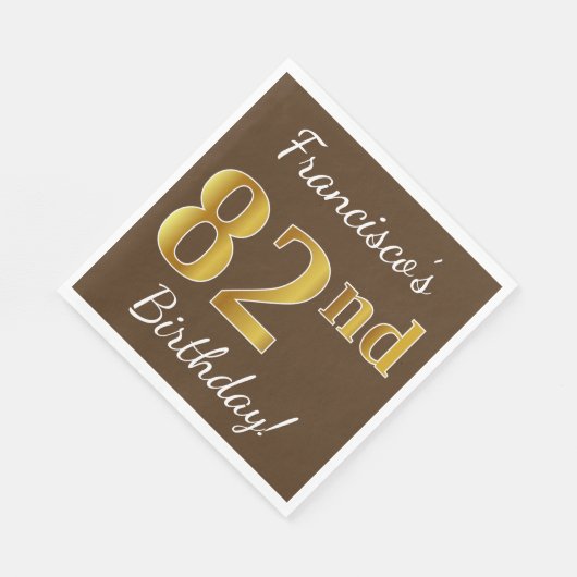 ブラウン、フェイク金ゴールド82番目の誕生日+名前をカスタムする スタンダードランチョンナプキン (角)