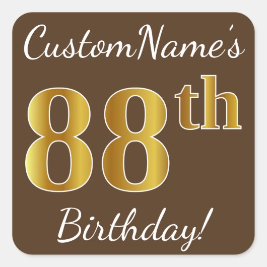 ブラウン、フェイク金ゴールド88誕生日+名前をカスタムする スクエアシール (正面)