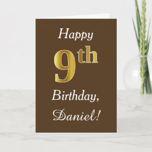 ブラウン、フェイク金ゴールド9番目の誕生日+名前をカスタムする カード
