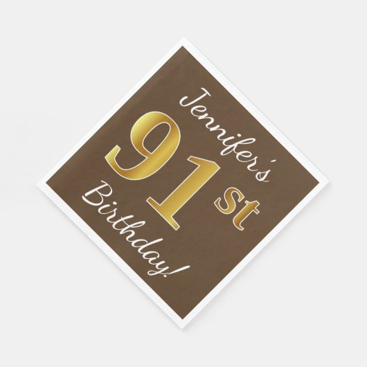 ブラウン、フェイク金ゴールド91番目の誕生日+名前をカスタムする スタンダードランチョンナプキン (角)