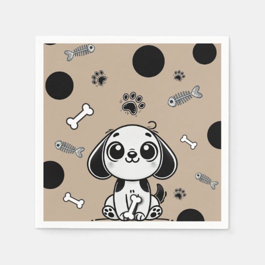 ブラウン&ブラックフィッシュボーンズ子犬の誕生日パーティー スタンダードカクテルナプキン (正面)
