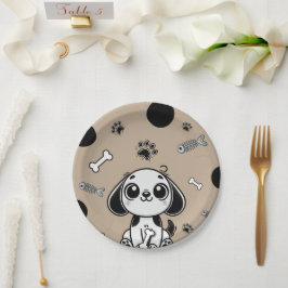 ブラウン&ブラックフィッシュボーンズ子犬の誕生日パーティー ペーパープレート