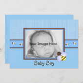 ブラウン＆ブルーの赤ちゃん男の子の誕生発表 招待状 (正面/裏面)