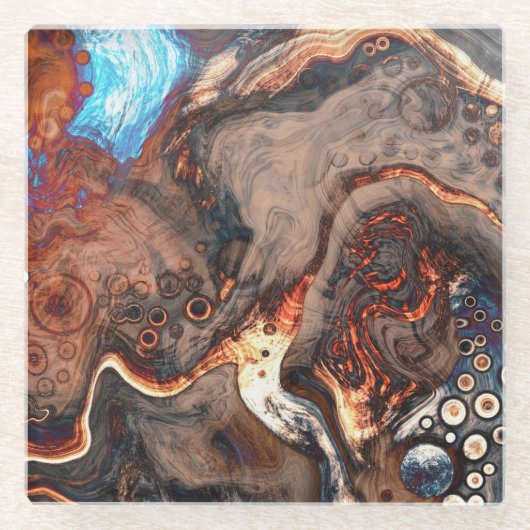 ブラウン、ブルー、オレンジアモダンート ガラスコースター (正面)