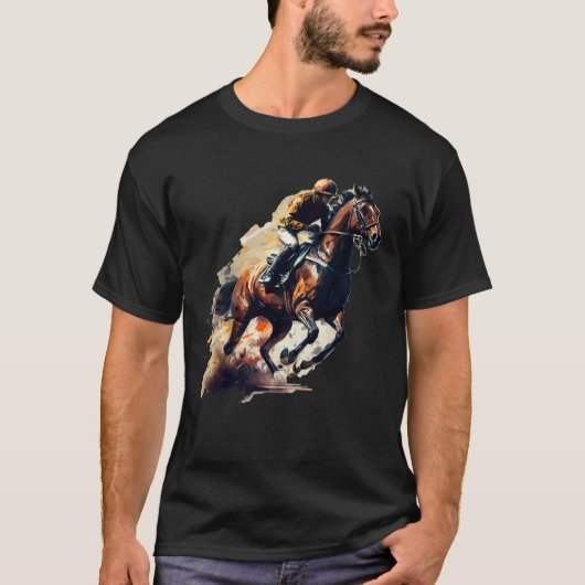 ブラウン・ブレイズの競走馬と騎手のレース Tシャツ (正面)