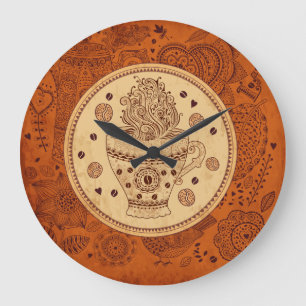 ブラウン&ベージュコーヒーデザインレトロ花 ラージ壁時計