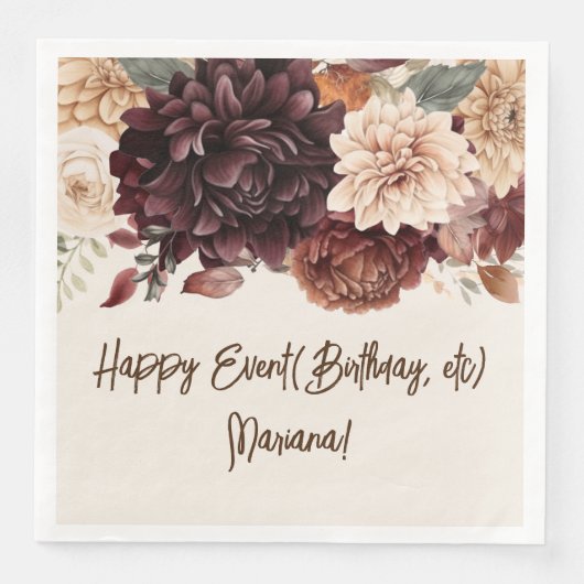 ブラウン ベージュ アイボリー フラワー パーティー ナプキン (正面)