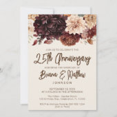 ブラウン ベージュ アイボリー フラワー 25周年記念結婚記念日 招待状 (正面)