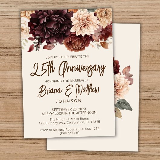 ブラウン ベージュ アイボリー フラワー 25周年記念結婚記念日 招待状