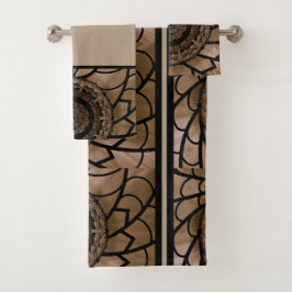 ブラウン＆ベージュ アブストラクト フラワー バスタオルセット