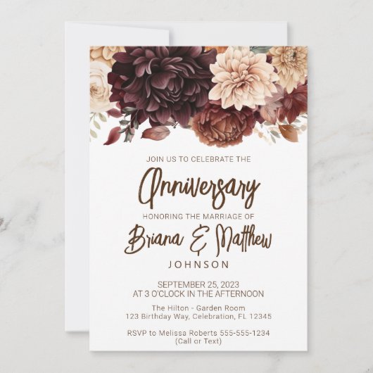 ブラウン・ベージュ・フラワーズ結婚フローラ記念日 招待状 (正面)