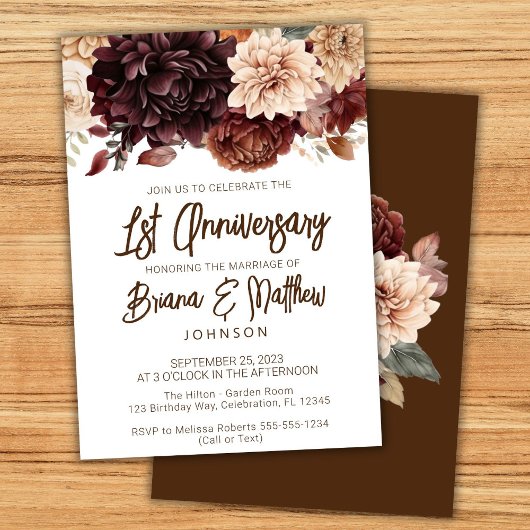 ブラウン ベージュ フラワー 1st 結婚記念日 招待状