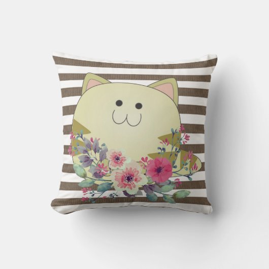 ブラウン&ホワイトストライプ装飾用クッションキャットフローラ クッション (正面)
