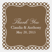 ブラウン&ホワイト水玉模様サンキュー結婚ズ スクエアシール (正面)