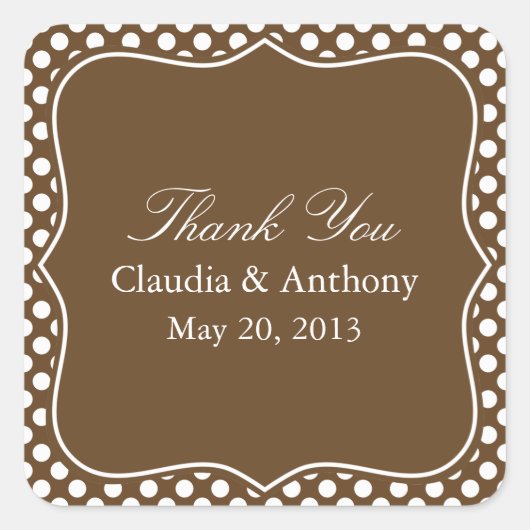 ブラウン&ホワイト水玉模様サンキュー結婚ズ スクエアシール (正面)