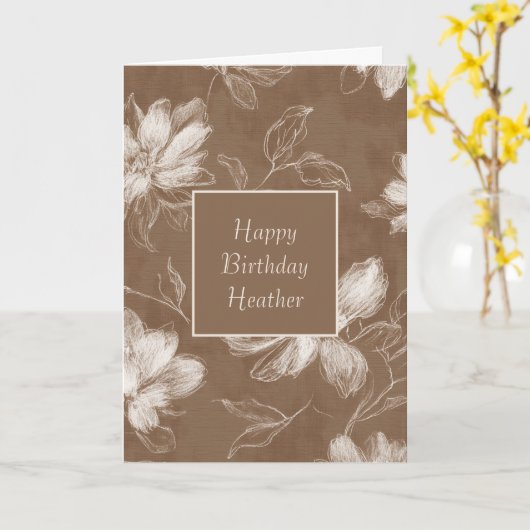 ブラウン ホワイト 抽象的な花 誕生日 カード (黄色い花)