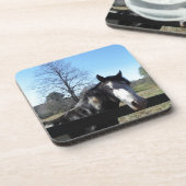 ブラウン&ホワイト、絵を描馬、明るい青空 コースター (左側)