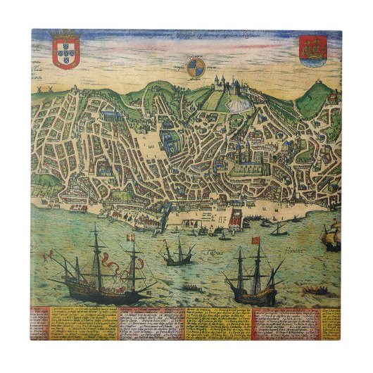 ブラウン/ホーゲンベルクによるポルトガル・リスボンの古地図 タイル (正面)
