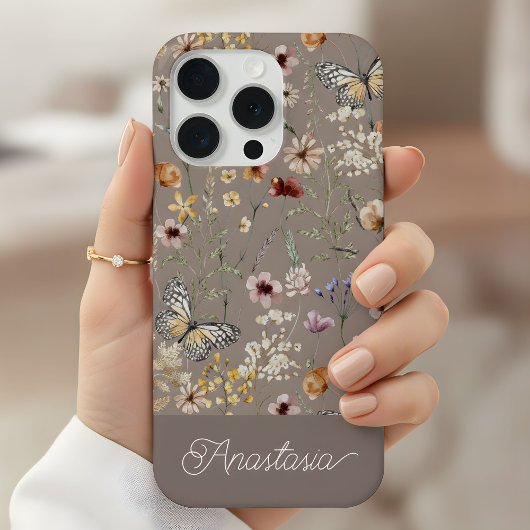 ブラウン・ボホ・ウォーターカラー・ワイルドフラワーズ柄 iPhoneケース