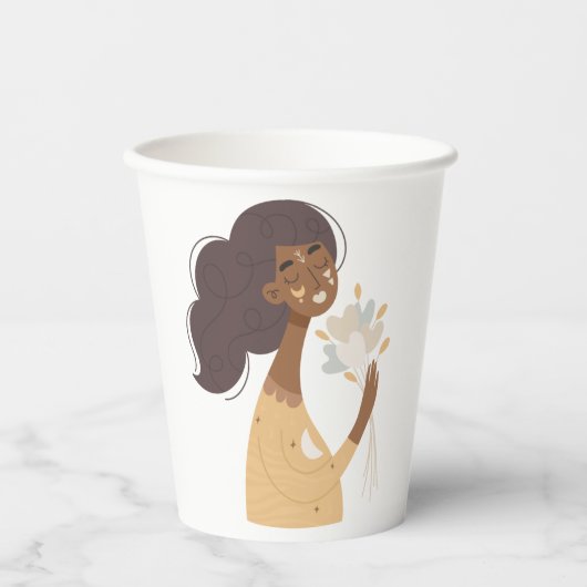 ブラウン ボーホー女性 ハートの花束 パーティー 紙コップ (正面)